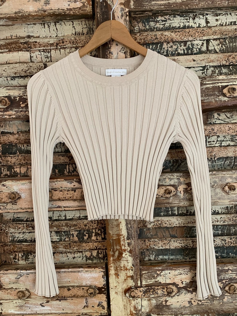 House of Harlow 1960 Beige Ribbed Cropped Crewneck Sweater, Minimalist, S
